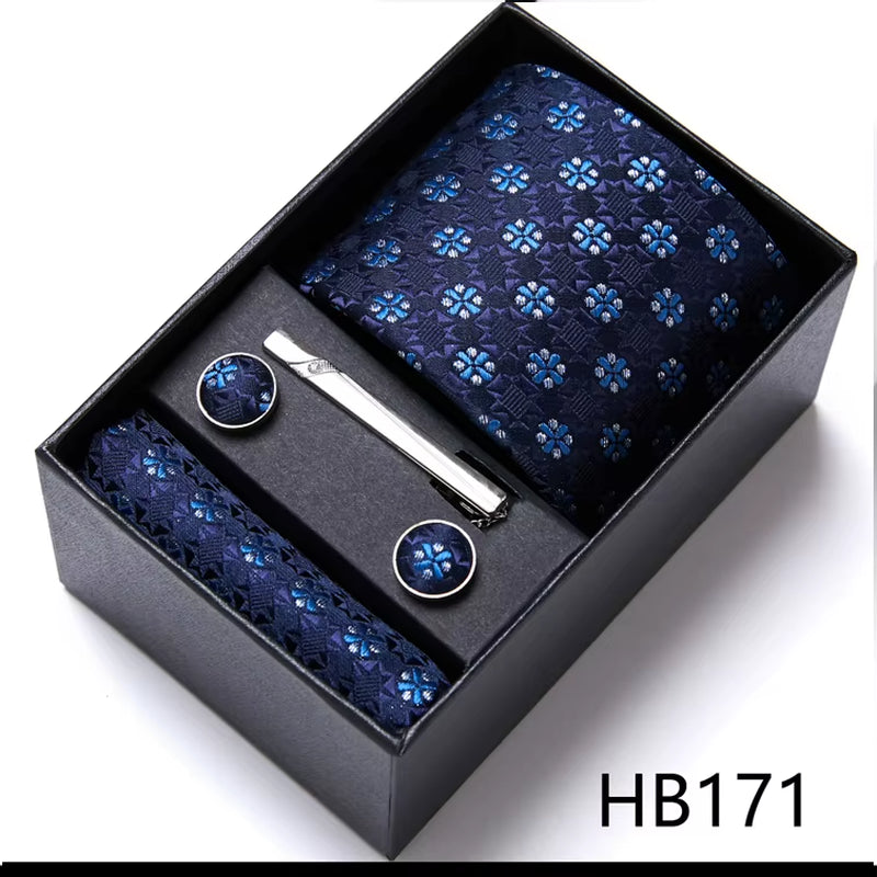 Brand Fashion Tie Pocket Squares Cufflink Set Necktie Blue Striped Man Wedding Accessories Fit Workplace Holiday Gift Box