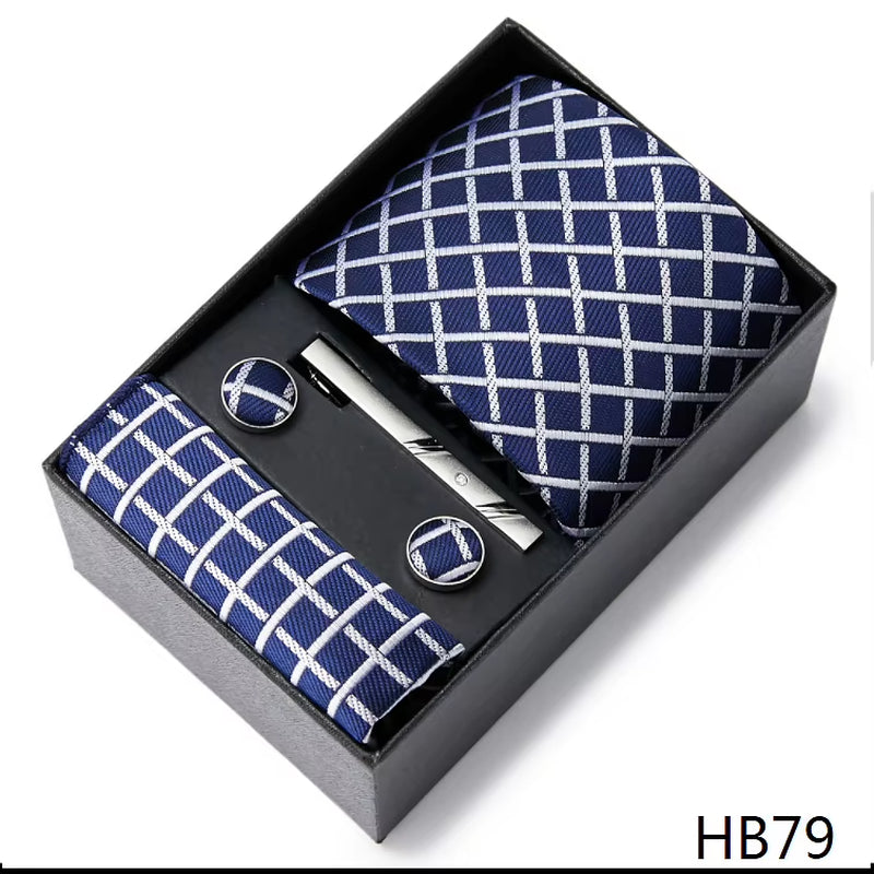 Brand Fashion Tie Pocket Squares Cufflink Set Necktie Blue Striped Man Wedding Accessories Fit Workplace Holiday Gift Box