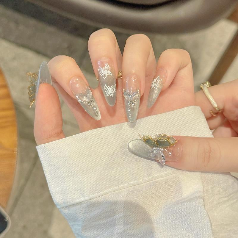 Nail Apparel Hand Made Long Ballet Press on Nails Luxury UV Finish 10 Pcs Set with Various Sizes (Medium Pack of 10) Featuring Rhinestone Pearls Reusable Press-On Medium Length