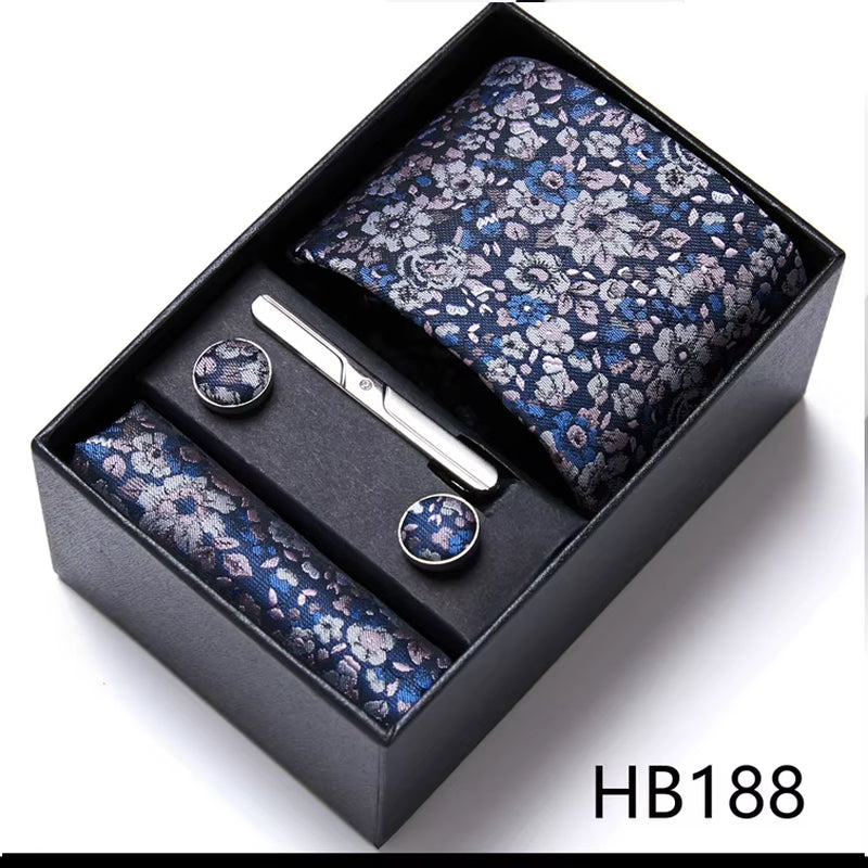 Brand Fashion Tie Pocket Squares Cufflink Set Necktie Blue Striped Man Wedding Accessories Fit Workplace Holiday Gift Box