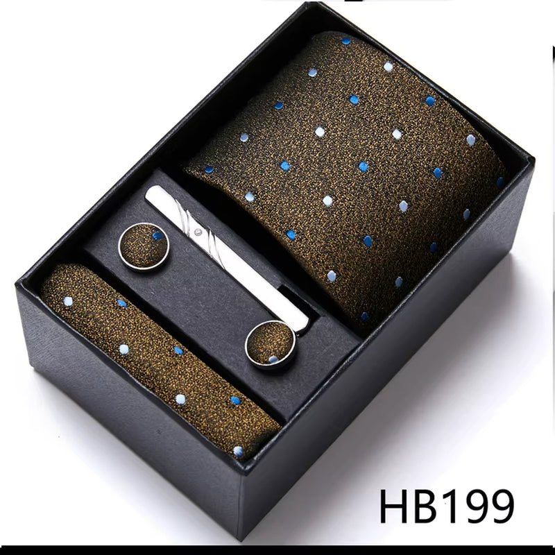 Brand Fashion Tie Pocket Squares Cufflink Set Necktie Blue Striped Man Wedding Accessories Fit Workplace Holiday Gift Box