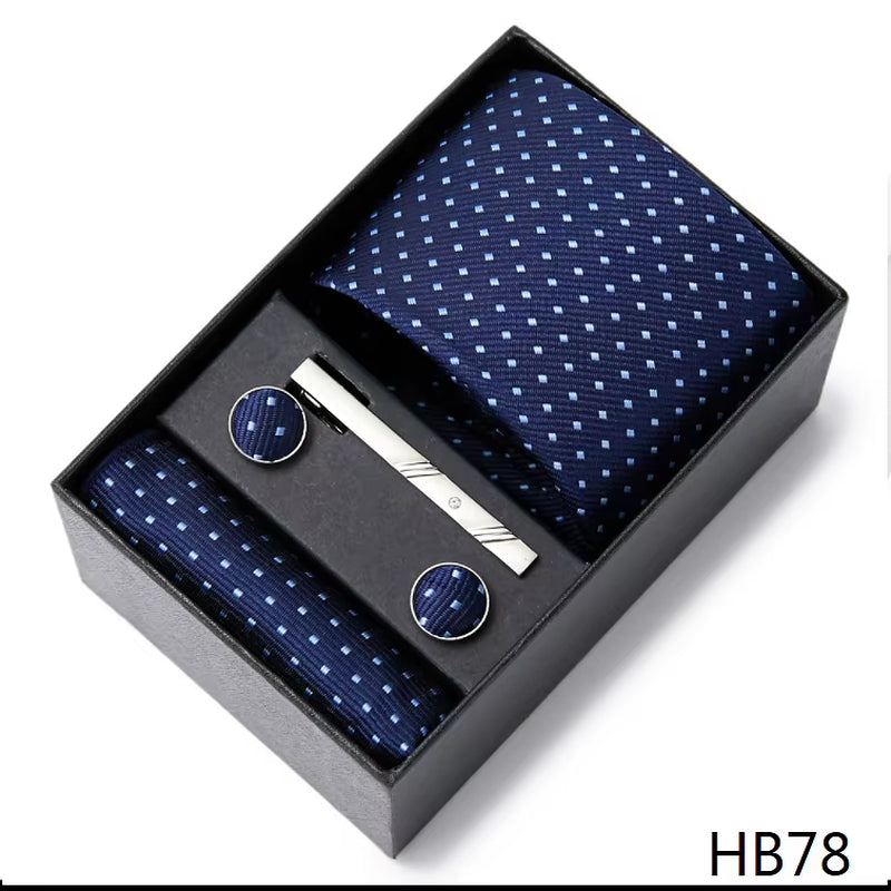 Brand Fashion Tie Pocket Squares Cufflink Set Necktie Blue Striped Man Wedding Accessories Fit Workplace Holiday Gift Box