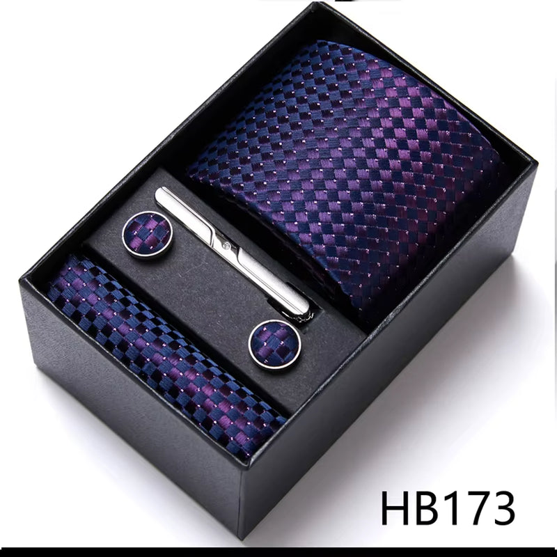 Brand Fashion Tie Pocket Squares Cufflink Set Necktie Blue Striped Man Wedding Accessories Fit Workplace Holiday Gift Box
