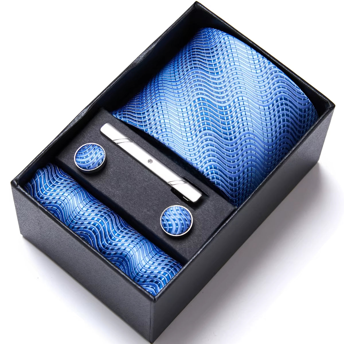 Brand Fashion Tie Pocket Squares Cufflink Set Necktie Blue Striped Man Wedding Accessories Fit Workplace Holiday Gift Box