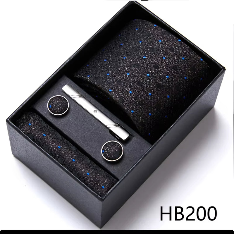Brand Fashion Tie Pocket Squares Cufflink Set Necktie Blue Striped Man Wedding Accessories Fit Workplace Holiday Gift Box