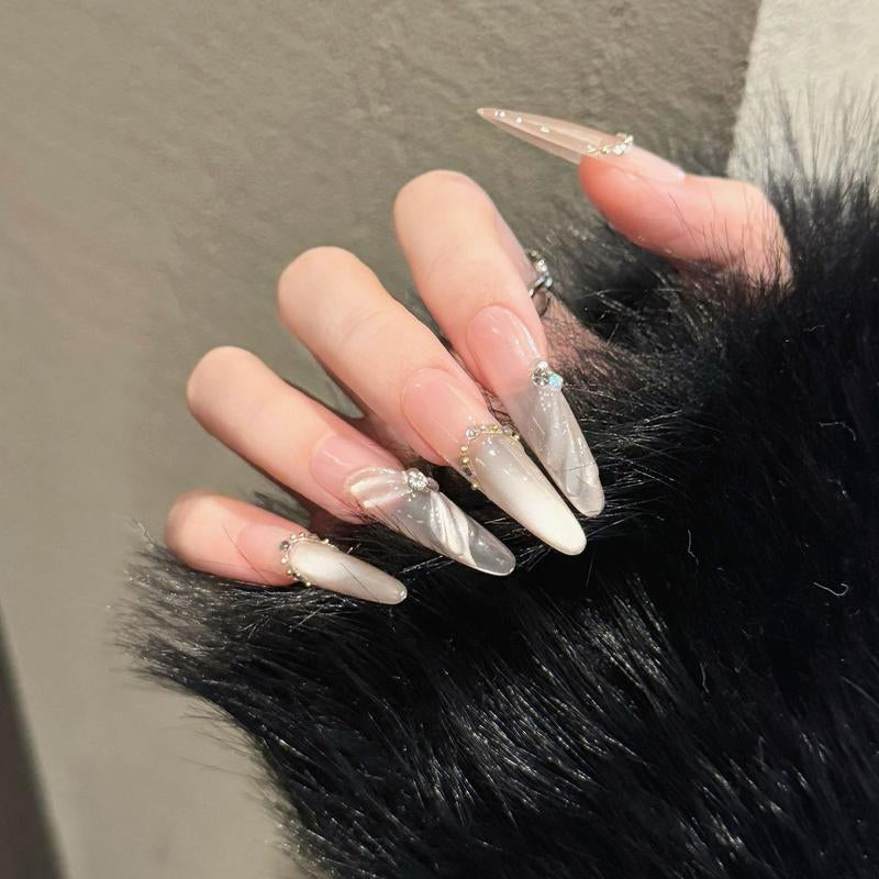 Nail Apparel Hand Made Long Ballet Press on Nails Luxury UV Finish 10 Pcs Set with Various Sizes (Medium Pack of 10) Featuring Rhinestone Pearls Reusable Press-On Medium Length
