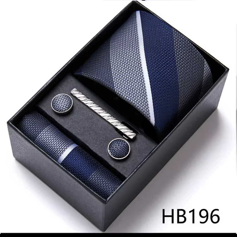 Brand Fashion Tie Pocket Squares Cufflink Set Necktie Blue Striped Man Wedding Accessories Fit Workplace Holiday Gift Box