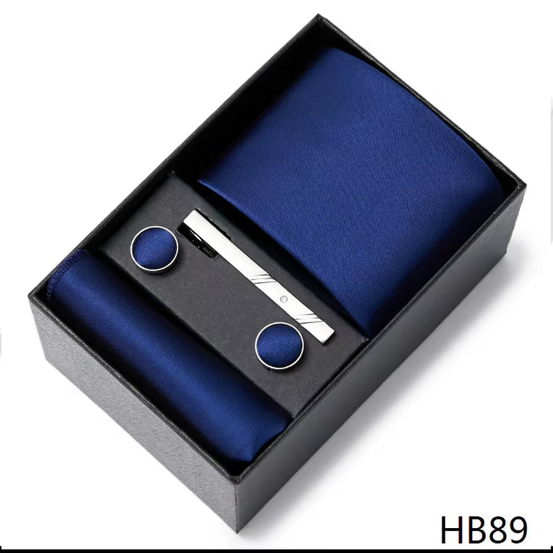 Brand Fashion Tie Pocket Squares Cufflink Set Necktie Blue Striped Man Wedding Accessories Fit Workplace Holiday Gift Box
