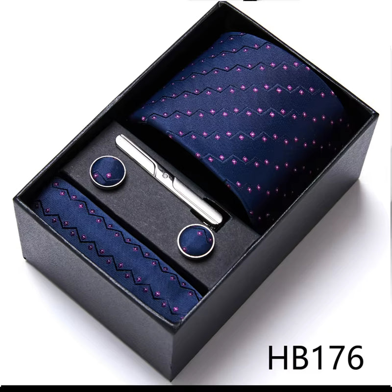 Brand Fashion Tie Pocket Squares Cufflink Set Necktie Blue Striped Man Wedding Accessories Fit Workplace Holiday Gift Box