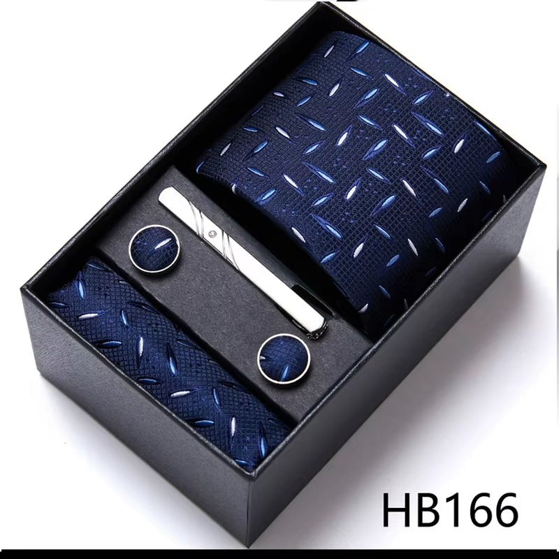 Brand Fashion Tie Pocket Squares Cufflink Set Necktie Blue Striped Man Wedding Accessories Fit Workplace Holiday Gift Box