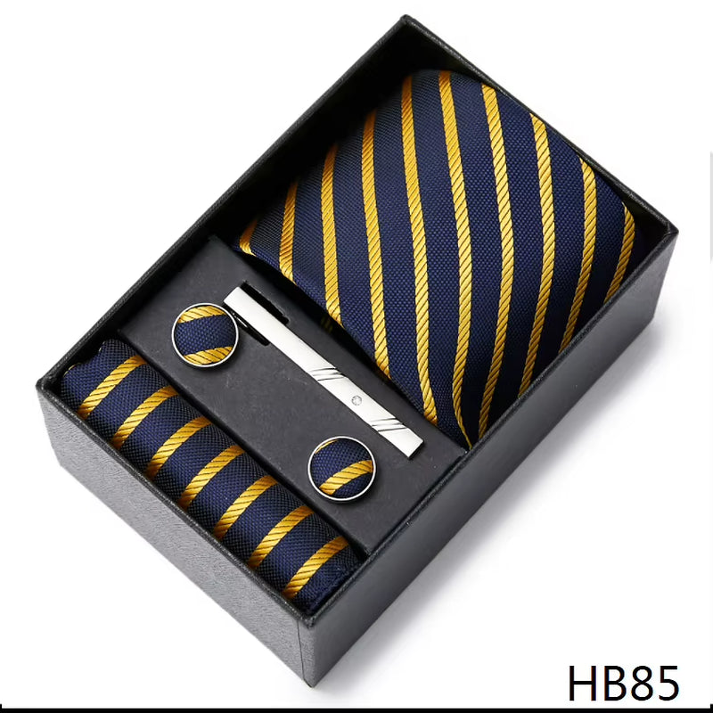Brand Fashion Tie Pocket Squares Cufflink Set Necktie Blue Striped Man Wedding Accessories Fit Workplace Holiday Gift Box