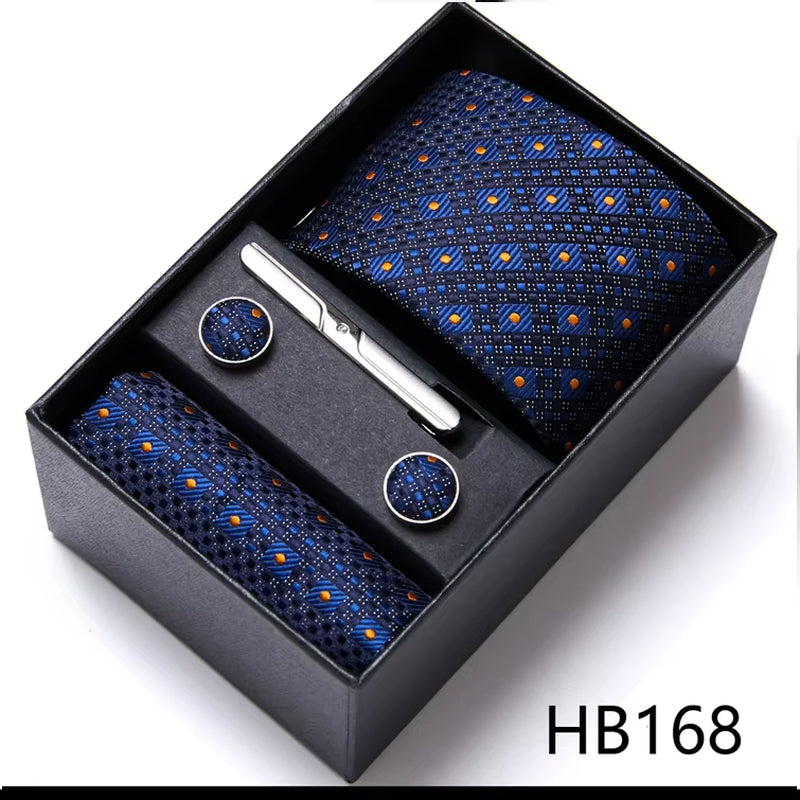 Brand Fashion Tie Pocket Squares Cufflink Set Necktie Blue Striped Man Wedding Accessories Fit Workplace Holiday Gift Box