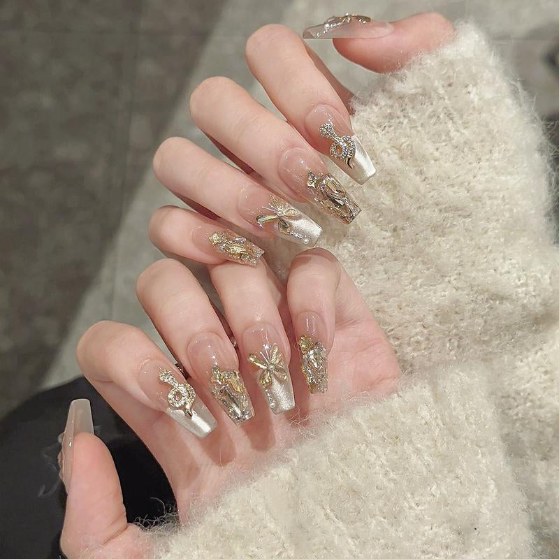 Nail Apparel Hand Made Long Ballet Press on Nails Luxury UV Finish 10 Pcs Set with Various Sizes (Medium Pack of 10) Featuring Rhinestone Pearls Reusable Press-On Medium Length