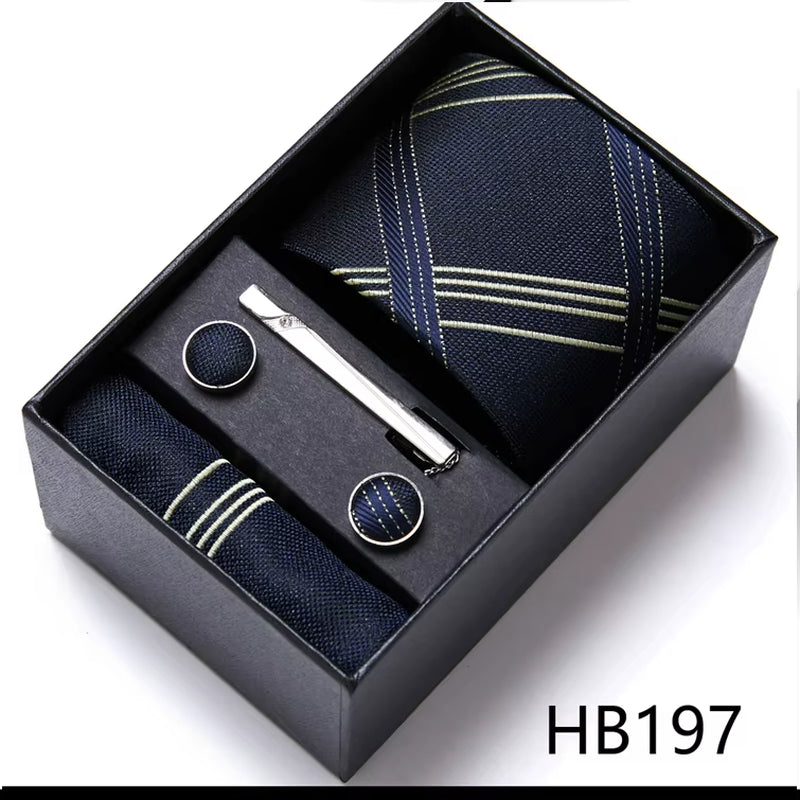 Brand Fashion Tie Pocket Squares Cufflink Set Necktie Blue Striped Man Wedding Accessories Fit Workplace Holiday Gift Box