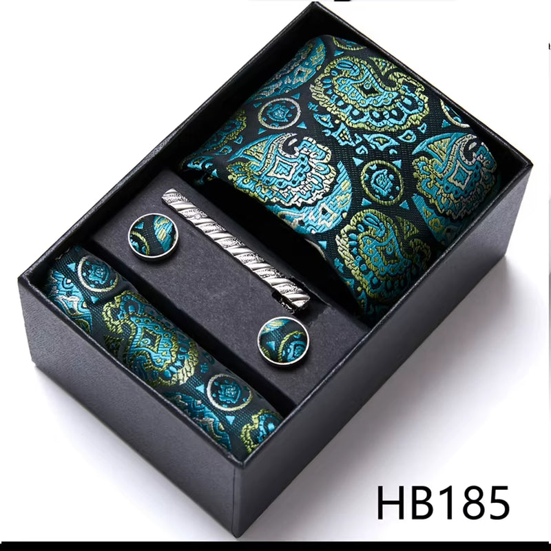 Brand Fashion Tie Pocket Squares Cufflink Set Necktie Blue Striped Man Wedding Accessories Fit Workplace Holiday Gift Box