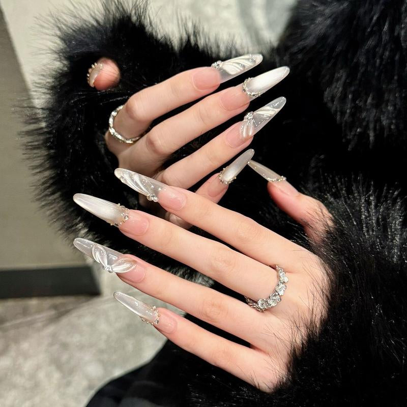 Nail Apparel Hand Made Long Ballet Press on Nails Luxury UV Finish 10 Pcs Set with Various Sizes (Medium Pack of 10) Featuring Rhinestone Pearls Reusable Press-On Medium Length