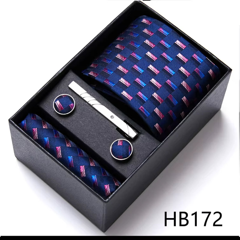 Brand Fashion Tie Pocket Squares Cufflink Set Necktie Blue Striped Man Wedding Accessories Fit Workplace Holiday Gift Box