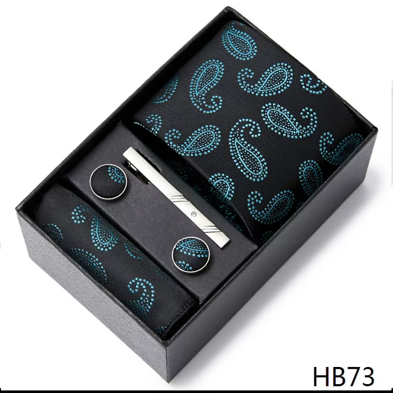 Brand Fashion Tie Pocket Squares Cufflink Set Necktie Blue Striped Man Wedding Accessories Fit Workplace Holiday Gift Box