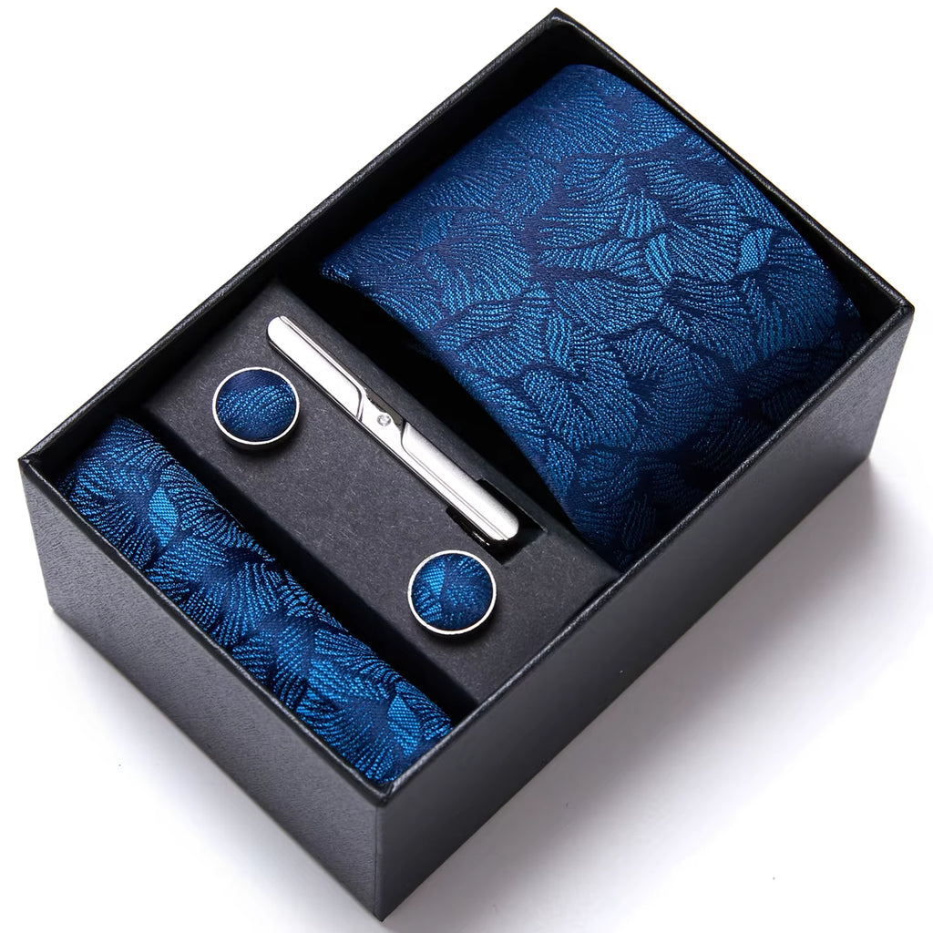 Brand Fashion Tie Pocket Squares Cufflink Set Necktie Blue Striped Man Wedding Accessories Fit Workplace Holiday Gift Box