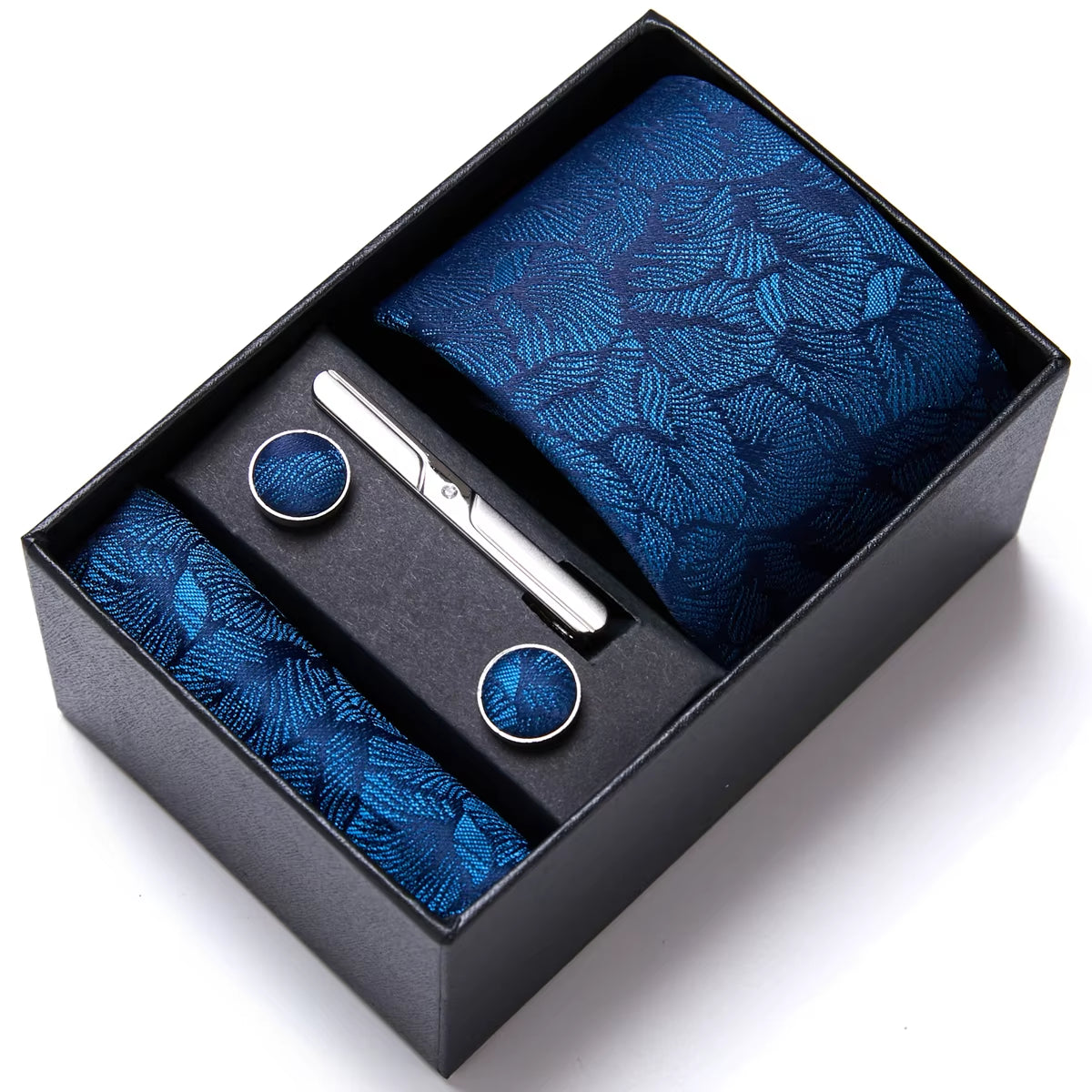 Brand Fashion Tie Pocket Squares Cufflink Set Necktie Blue Striped Man Wedding Accessories Fit Workplace Holiday Gift Box