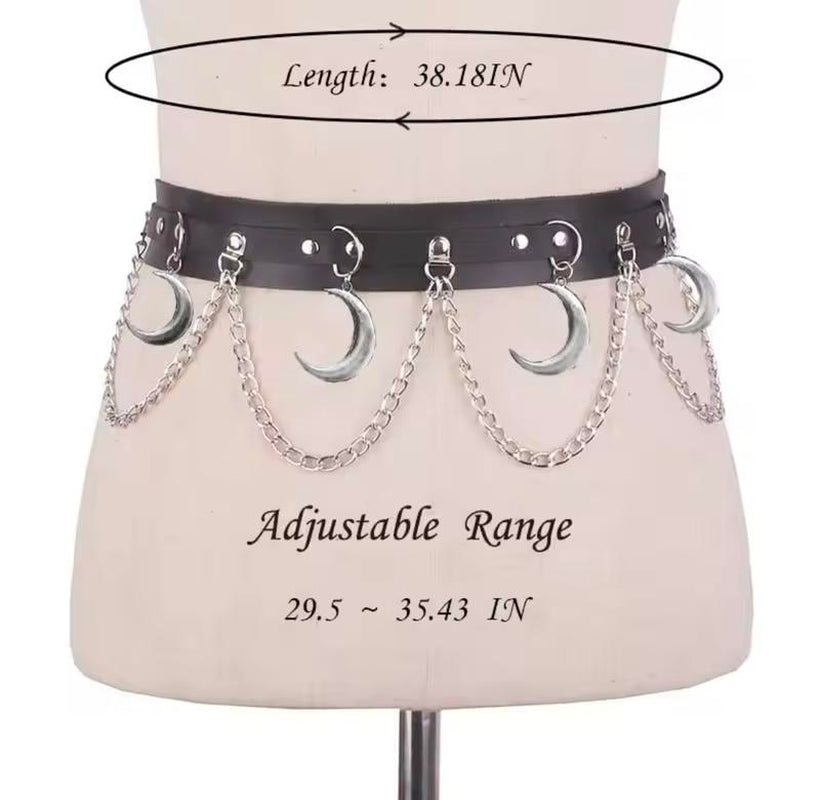 Moon Pendant Chain Fringe Goth Belt Punk Black PU Leather Belts Vintage Waistband for Women Daily Use Boho Leaf