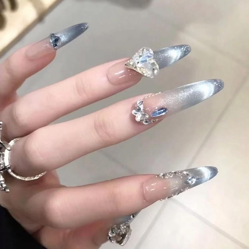 Nail Apparel Hand Made Long Ballet Press on Nails Luxury UV Finish 10 Pcs Set with Various Sizes (Medium Pack of 10) Featuring Rhinestone Pearls Reusable Press-On Medium Length