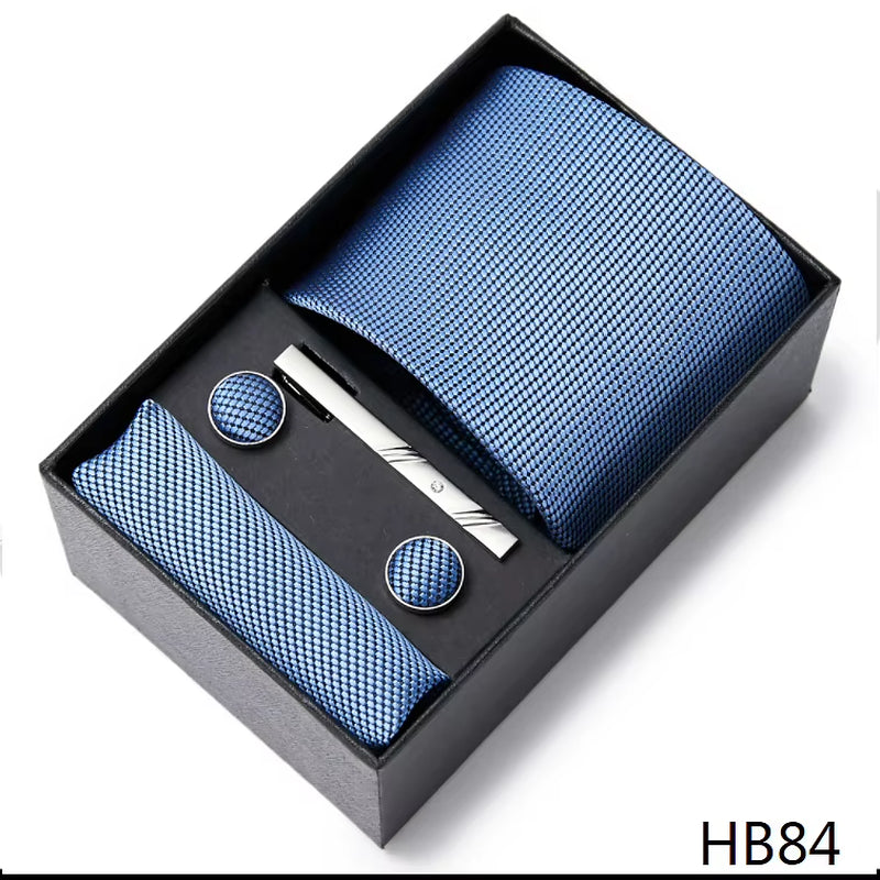 Brand Fashion Tie Pocket Squares Cufflink Set Necktie Blue Striped Man Wedding Accessories Fit Workplace Holiday Gift Box