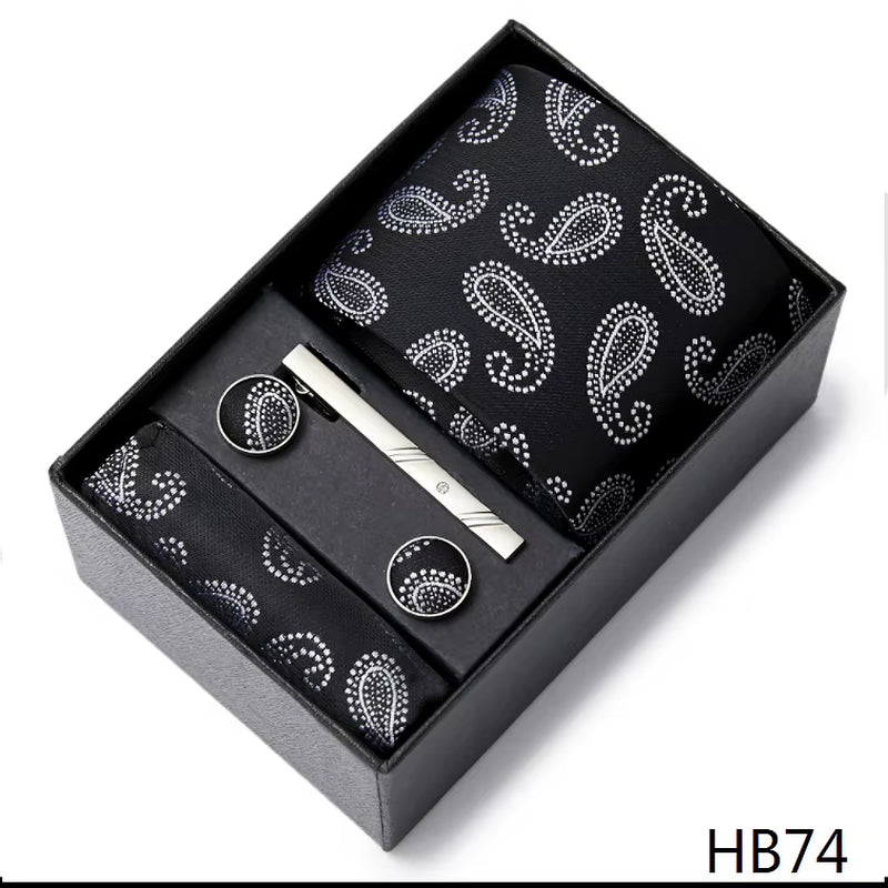 Brand Fashion Tie Pocket Squares Cufflink Set Necktie Blue Striped Man Wedding Accessories Fit Workplace Holiday Gift Box
