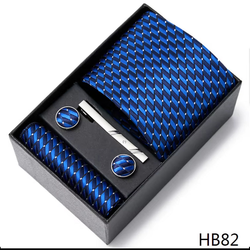 Brand Fashion Tie Pocket Squares Cufflink Set Necktie Blue Striped Man Wedding Accessories Fit Workplace Holiday Gift Box