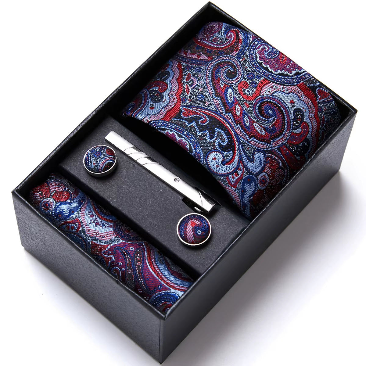 Brand Fashion Tie Pocket Squares Cufflink Set Necktie Blue Striped Man Wedding Accessories Fit Workplace Holiday Gift Box
