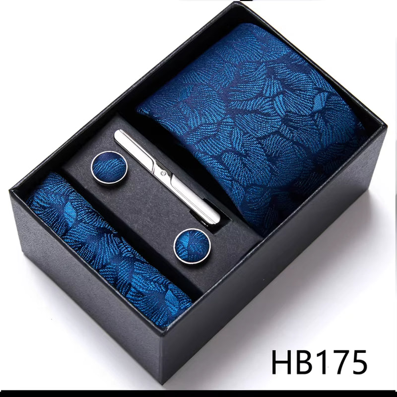 Brand Fashion Tie Pocket Squares Cufflink Set Necktie Blue Striped Man Wedding Accessories Fit Workplace Holiday Gift Box