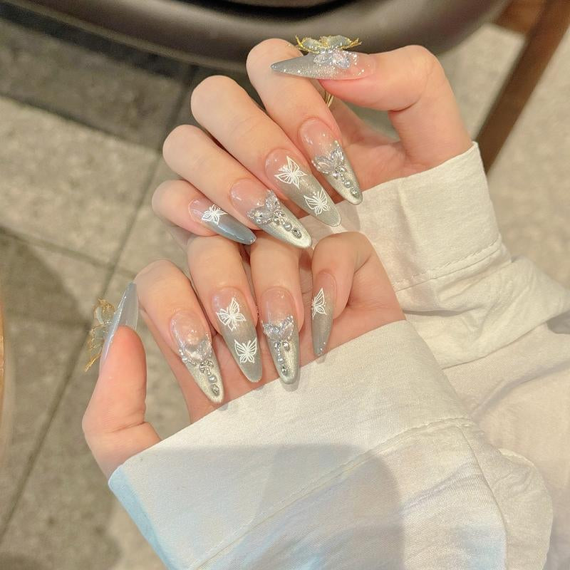 Nail Apparel Hand Made Long Ballet Press on Nails Luxury UV Finish 10 Pcs Set with Various Sizes (Medium Pack of 10) Featuring Rhinestone Pearls Reusable Press-On Medium Length