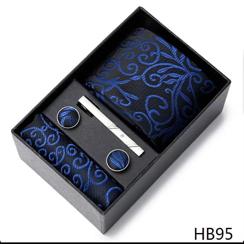 Brand Fashion Tie Pocket Squares Cufflink Set Necktie Blue Striped Man Wedding Accessories Fit Workplace Holiday Gift Box
