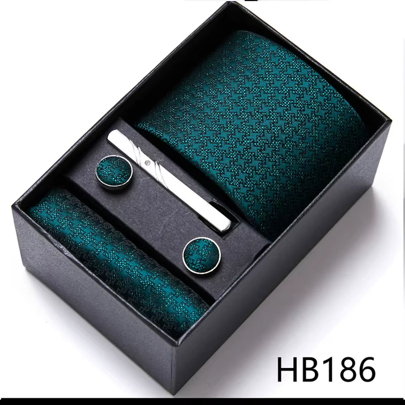 Brand Fashion Tie Pocket Squares Cufflink Set Necktie Blue Striped Man Wedding Accessories Fit Workplace Holiday Gift Box