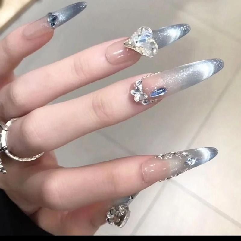 Nail Apparel Hand Made Long Ballet Press on Nails Luxury UV Finish 10 Pcs Set with Various Sizes (Medium Pack of 10) Featuring Rhinestone Pearls Reusable Press-On Medium Length