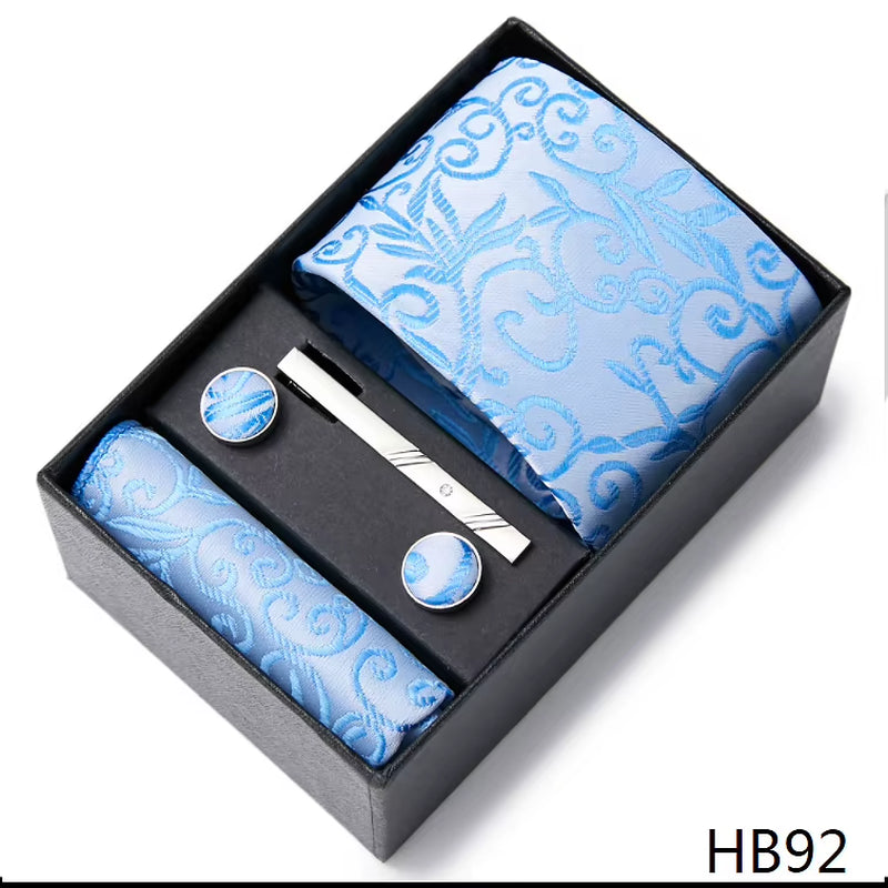 Brand Fashion Tie Pocket Squares Cufflink Set Necktie Blue Striped Man Wedding Accessories Fit Workplace Holiday Gift Box