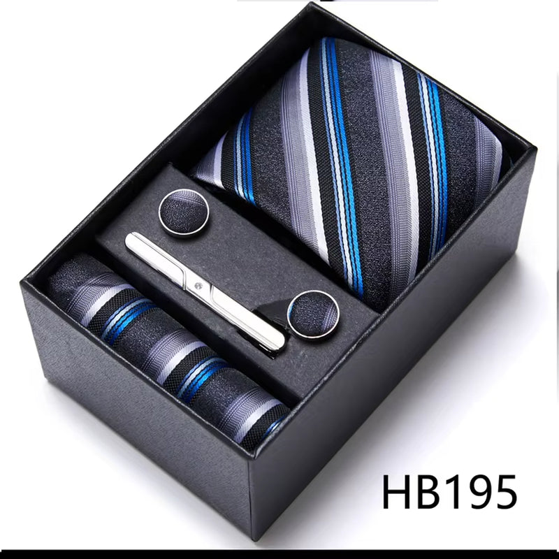 Brand Fashion Tie Pocket Squares Cufflink Set Necktie Blue Striped Man Wedding Accessories Fit Workplace Holiday Gift Box