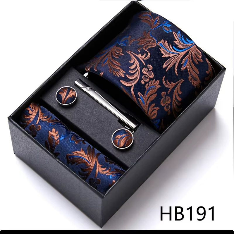 Brand Fashion Tie Pocket Squares Cufflink Set Necktie Blue Striped Man Wedding Accessories Fit Workplace Holiday Gift Box