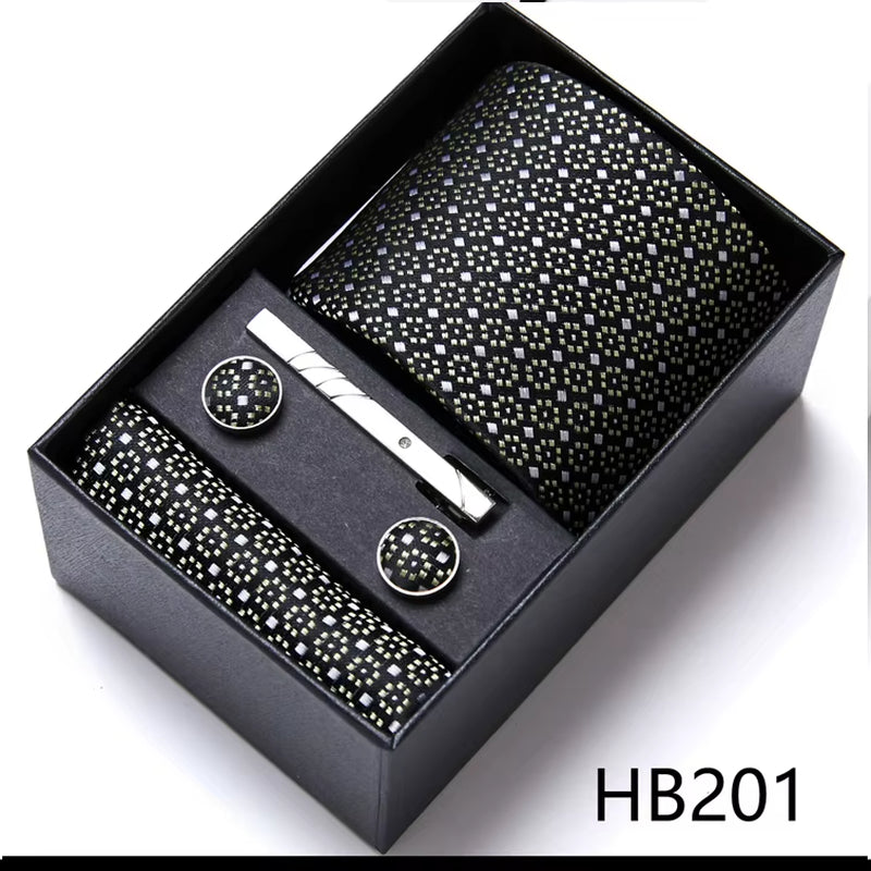 Brand Fashion Tie Pocket Squares Cufflink Set Necktie Blue Striped Man Wedding Accessories Fit Workplace Holiday Gift Box