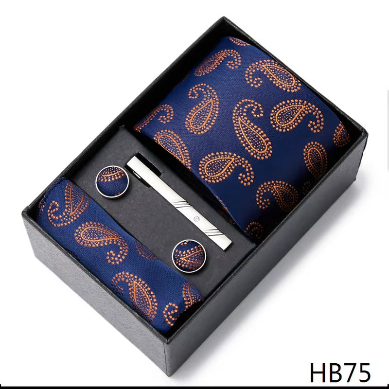 Brand Fashion Tie Pocket Squares Cufflink Set Necktie Blue Striped Man Wedding Accessories Fit Workplace Holiday Gift Box