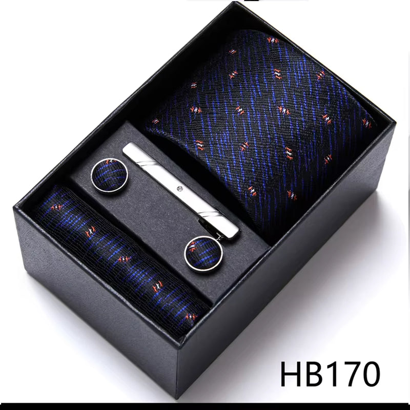 Brand Fashion Tie Pocket Squares Cufflink Set Necktie Blue Striped Man Wedding Accessories Fit Workplace Holiday Gift Box
