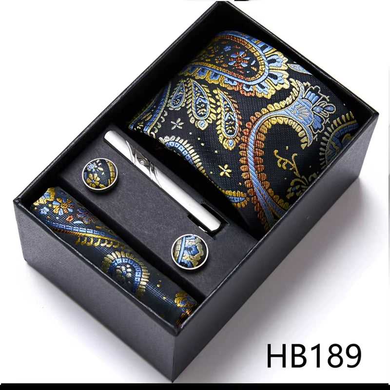 Brand Fashion Tie Pocket Squares Cufflink Set Necktie Blue Striped Man Wedding Accessories Fit Workplace Holiday Gift Box