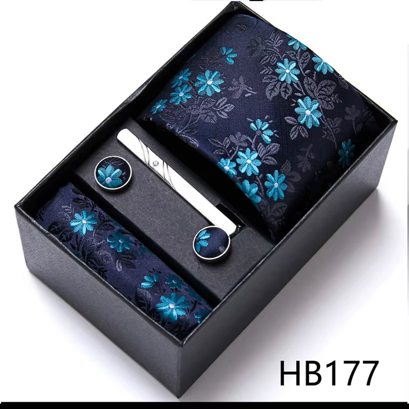 Brand Fashion Tie Pocket Squares Cufflink Set Necktie Blue Striped Man Wedding Accessories Fit Workplace Holiday Gift Box