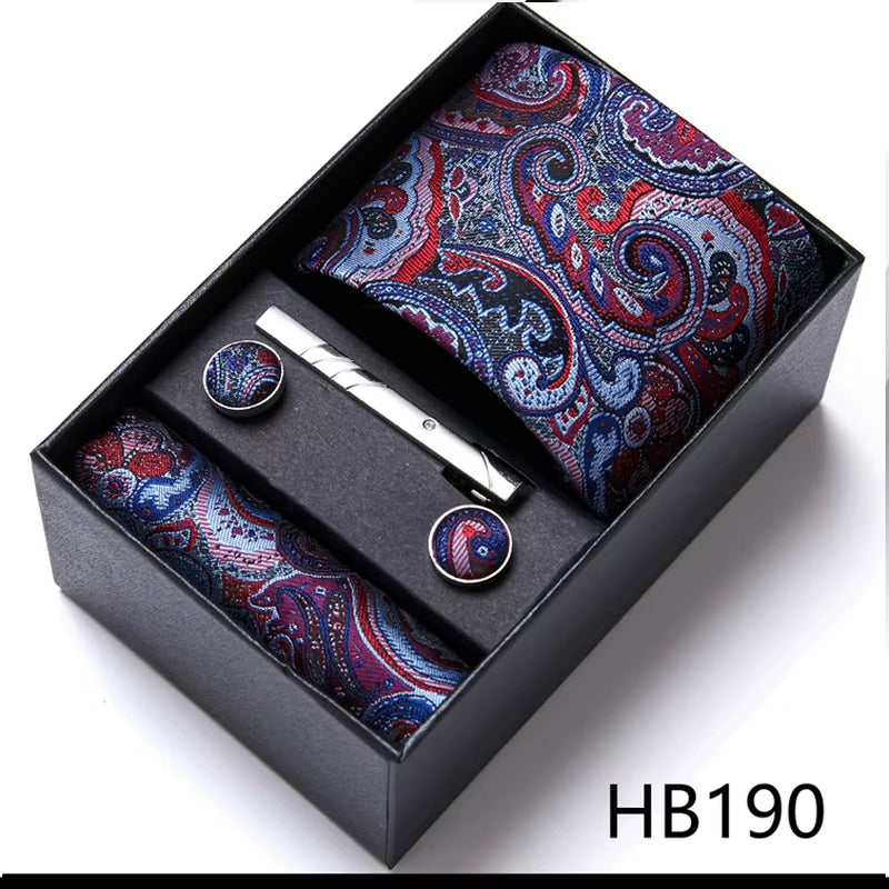 Brand Fashion Tie Pocket Squares Cufflink Set Necktie Blue Striped Man Wedding Accessories Fit Workplace Holiday Gift Box