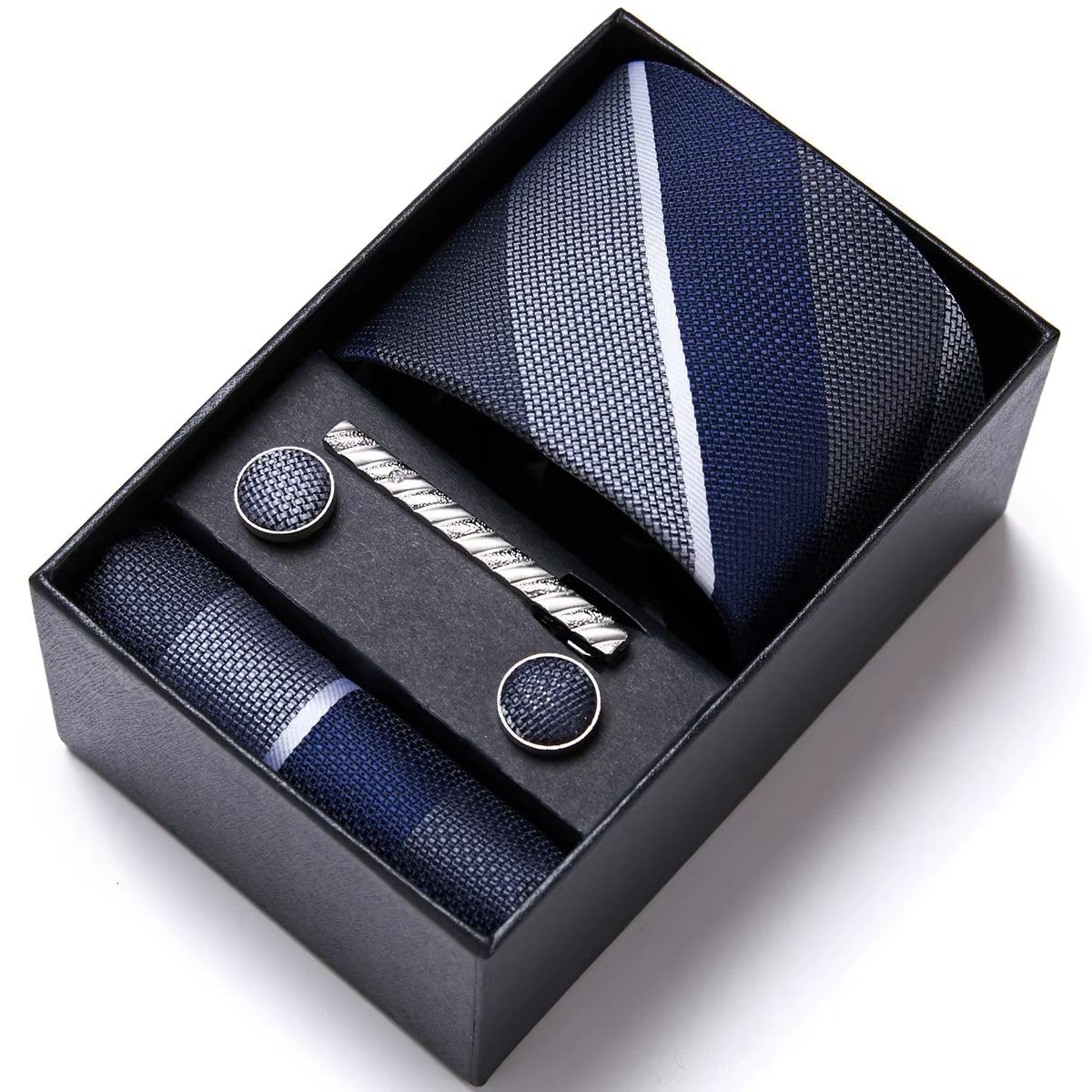 Brand Fashion Tie Pocket Squares Cufflink Set Necktie Blue Striped Man Wedding Accessories Fit Workplace Holiday Gift Box