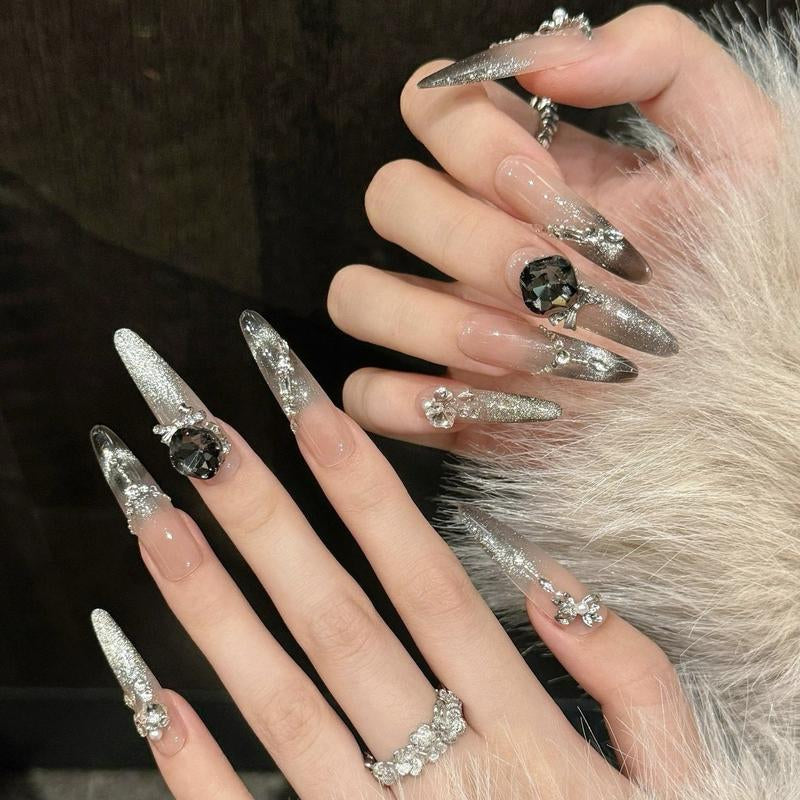 Nail Apparel Hand Made Long Ballet Press on Nails Luxury UV Finish 10 Pcs Set with Various Sizes (Medium Pack of 10) Featuring Rhinestone Pearls Reusable Press-On Medium Length