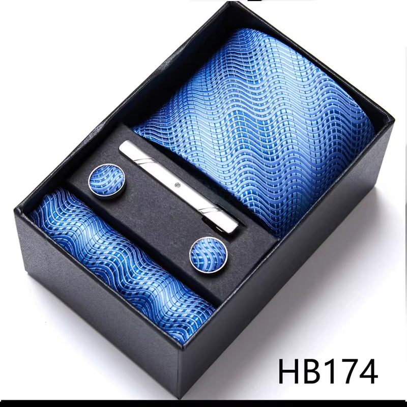 Brand Fashion Tie Pocket Squares Cufflink Set Necktie Blue Striped Man Wedding Accessories Fit Workplace Holiday Gift Box